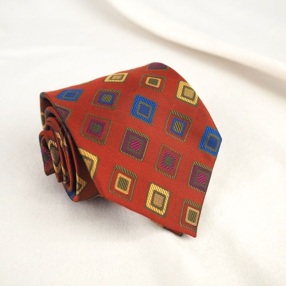 Vintage Rooster 100% Silk Hand Made Necktie Burnt Orange Geometric Diamond Tie